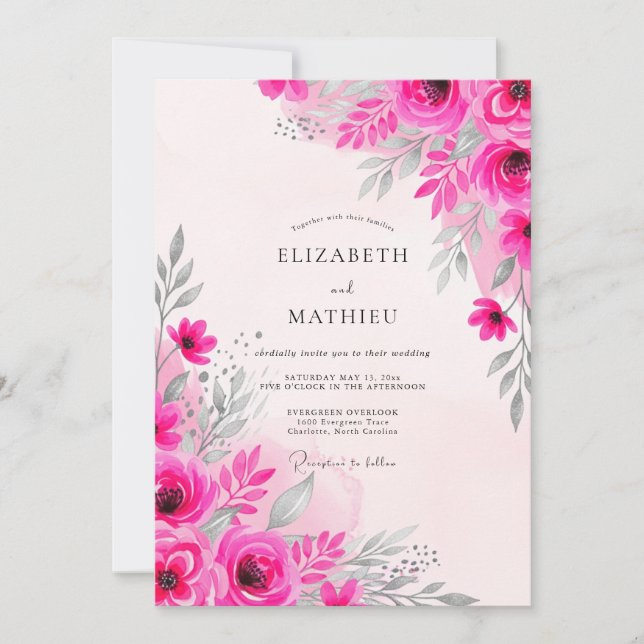 Fuchsia Dainty Watercolor Wedding Invitation (Front)