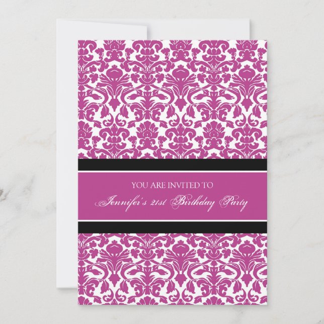 Fuchsia Damask 21st Birthday Party Invitations (Front)