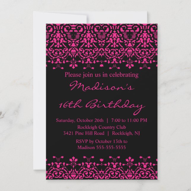 Fuchsia Damask Sweet Sixteen Birthday Invitation (Front)