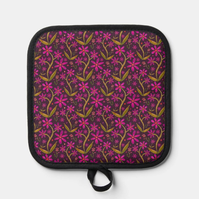 Fuchsia | Dancing Watercolor Daisies Pot Holder (Front)
