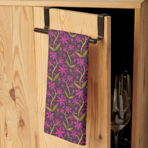 Fuchsia Dancing Watercolor Daisies Tea Towel