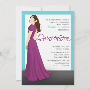 Fuchsia Dress Tiara Turquoise Quinceañera Invitation