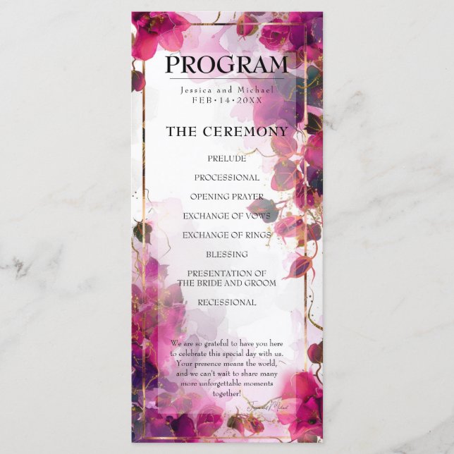 Fuchsia Enchantment: Watercolor wedding program (Front)