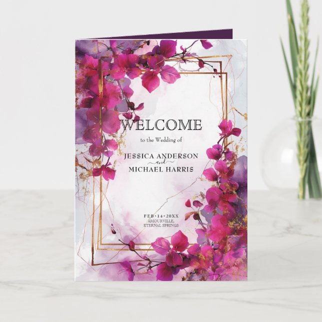 Fuchsia Enchantment: Watercolor Wedding Program (Front)