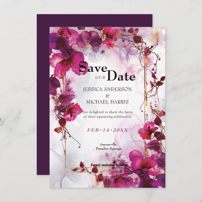 Fuchsia Enchantment: Watercolor Wedding Save The Date (Front/Back)