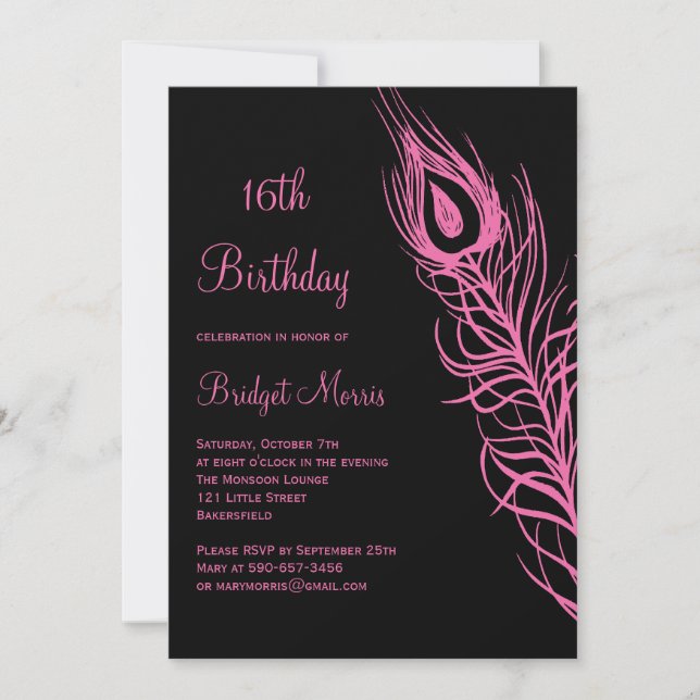 Fuchsia Feathers Sweet 16 Birthday Invitation (Front)