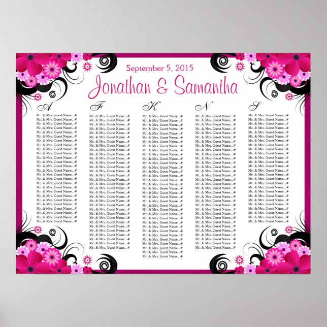 Fuchsia Floral A to Z Wedding Table Seating Chart (Front)