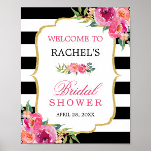Fuchsia Floral Black Stripes Bridal Shower Sign