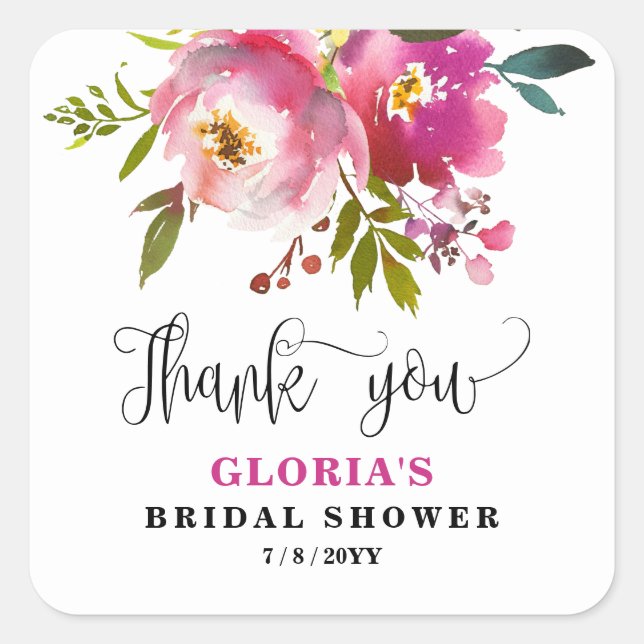 Fuchsia Floral  Bridal Shower  Square Sticker (Front)