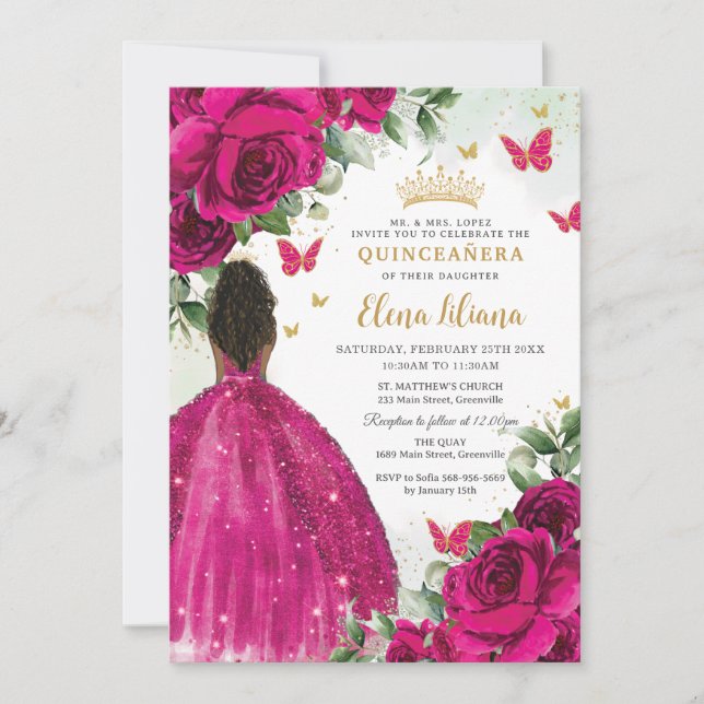 Fuchsia Floral Brown Princess Quinceañera Sweet 16 Invitation (Front)