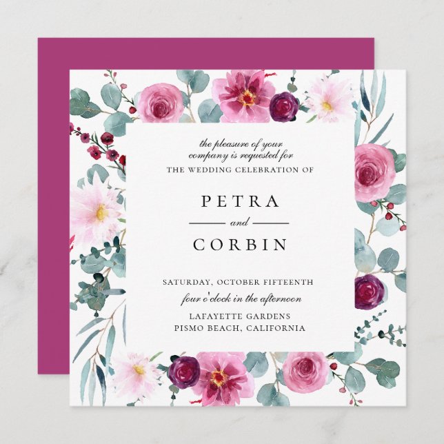 Fuchsia Floral Frame Wedding Invitation (Front/Back)