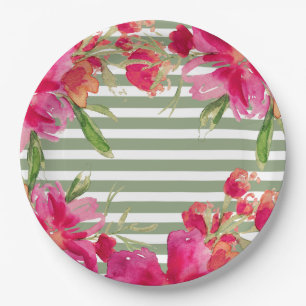 Fuchsia Floral Green Stripes Graduation Party  Paper Plate