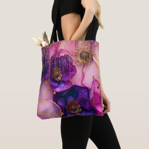 Fuchsia Floral Luxury Glamour Golden Glitter Tote Bag