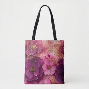Fuchsia Floral Luxury Glamour Golden Glitter Tote Bag