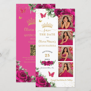 Fuchsia Floral Photo Booth Quinceanera QR code Save The Date