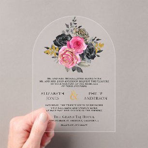 Fuchsia Floral Roses Black Wedding Acrylic Invitations