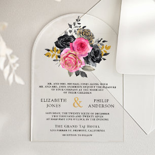 Fuchsia Floral Roses Black Wedding Acrylic Invitations