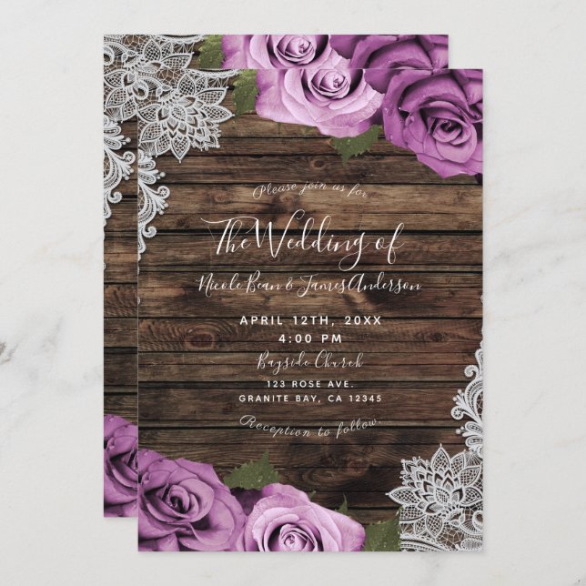 Fuchsia Floral Roses Rustic Wood & Lace Wedding Invitation (Front/Back)