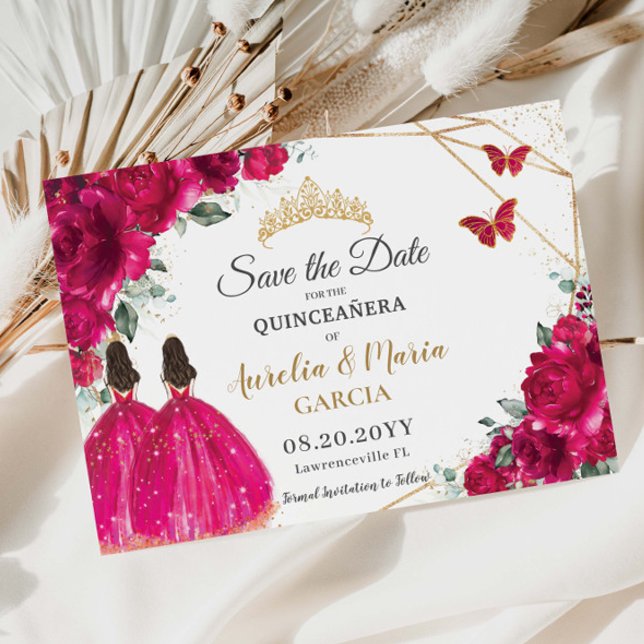 Fuchsia Floral Twins XV Quinceañera Save the Date (Creator Uploaded)