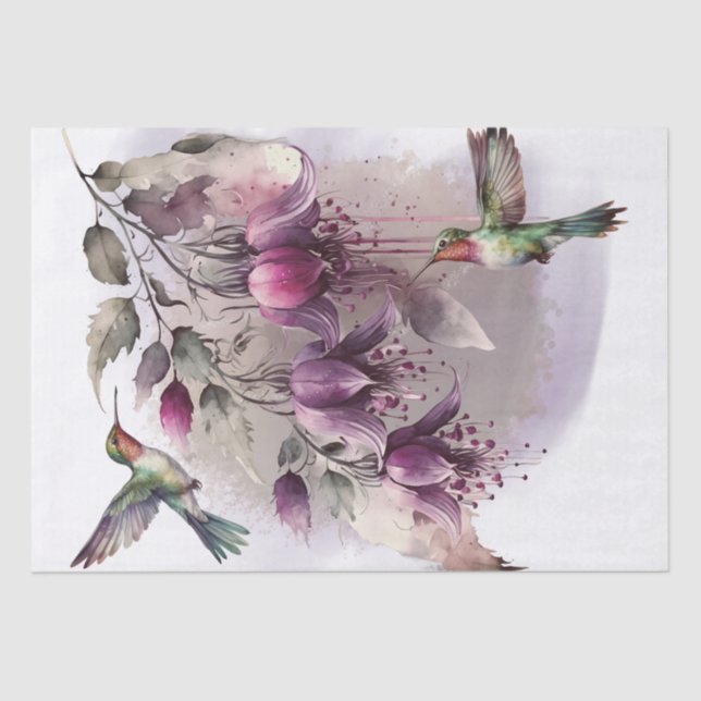 Fuchsia Flower Hummingbird Watercolor Tissue Paper (Front)