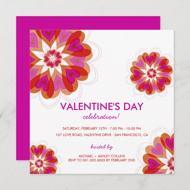 Fuchsia Flower Love Hearts Valentine Party Invite (Front/Back)