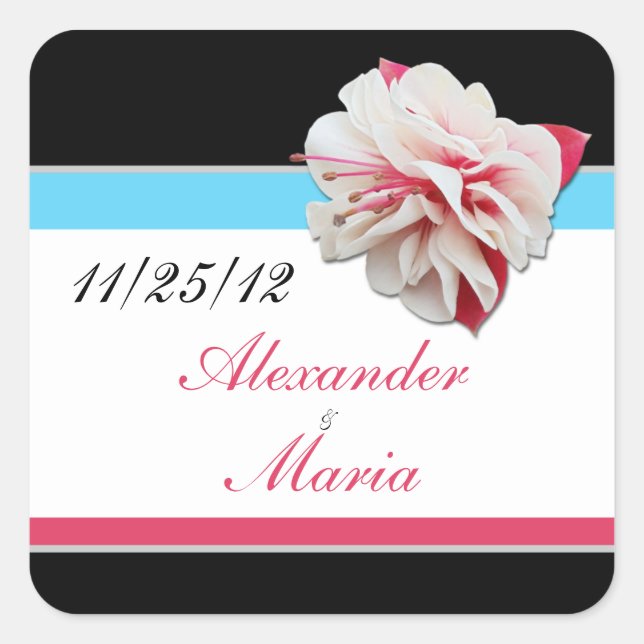 Fuchsia Flower Pink & Aqua Wedding Stickers (Front)