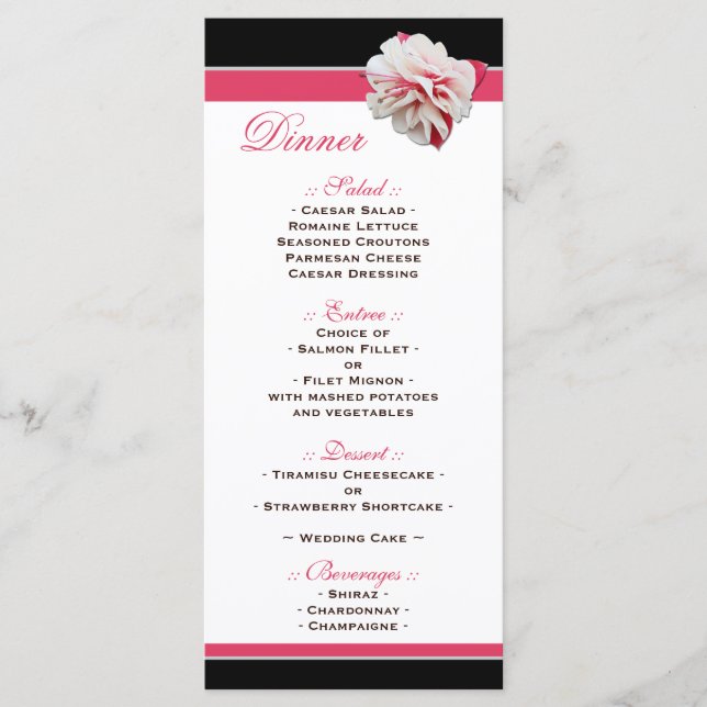 Fuchsia Flower Pink & Black Wedding Reception Menu (Front)