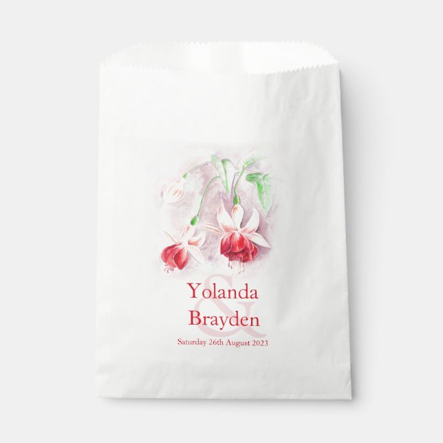 Fuchsia flower red watercolor wedding favour bag (Front)