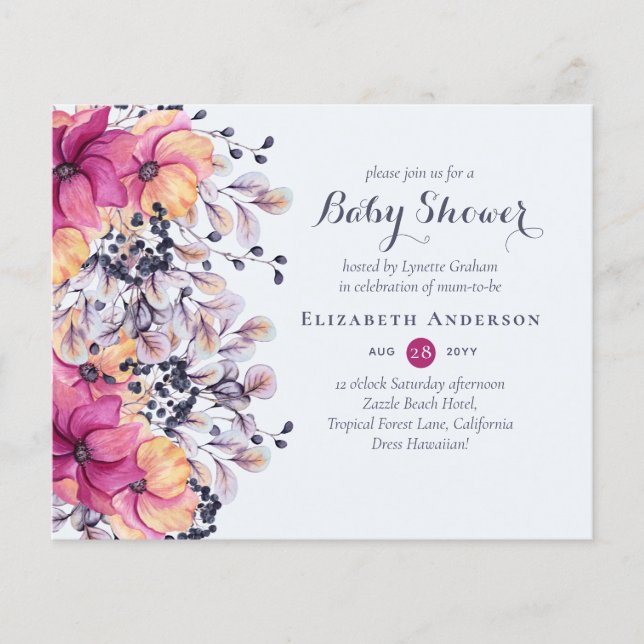 Fuchsia Ginger Floral Baby Shower Invites BUDGET (Front)