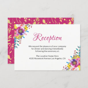 Fuchsia Gold Blossom Floral Wedding Reception Card
