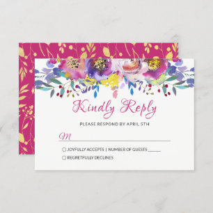 Fuchsia Gold Blossom Floral Wedding RSVP
