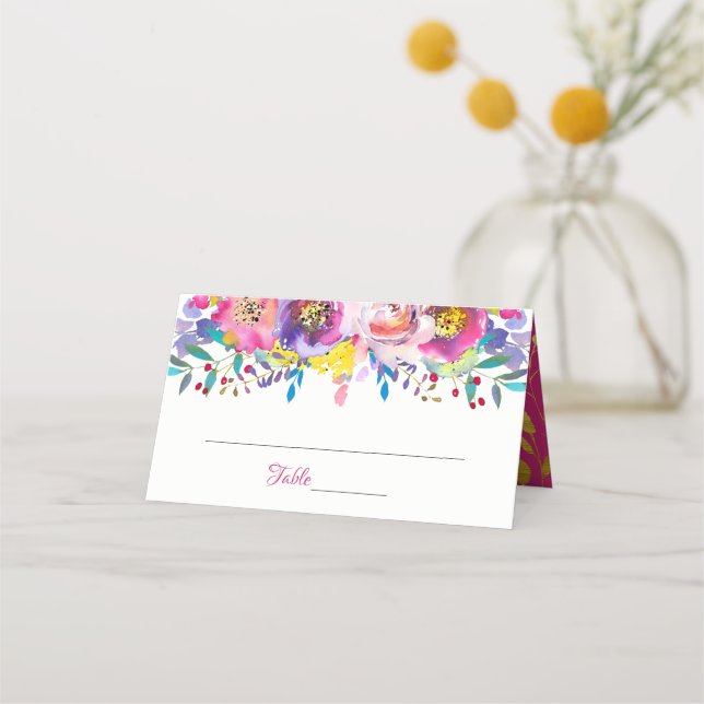 Fuchsia Gold Blossom Flowers Wedding Place Card (Front)