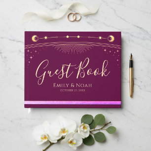 Fuchsia Gold Celestial Sun Moon Stars Wedding Guest Book