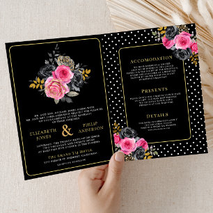 Fuchsia Gold Floral Roses All in One Black Wedding Invitation