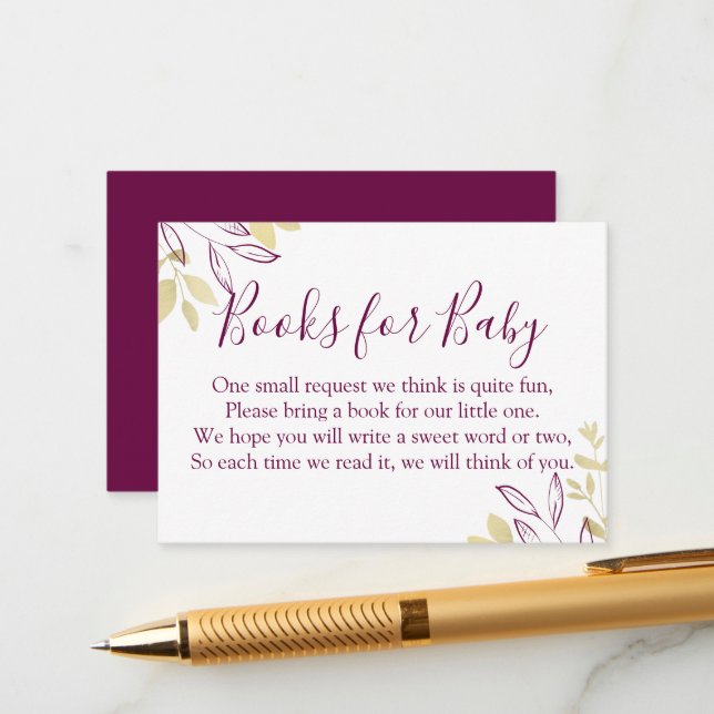 Fuchsia & Gold Foliage Baby Shower Book Request Enclosure Card (Front/Back In Situ)