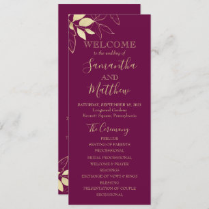 Fuchsia & Gold Foliage Botanical Wedding Program