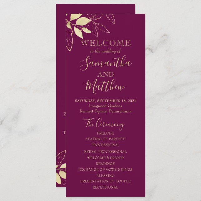 Fuchsia & Gold Foliage Botanical Wedding Program (Front/Back)