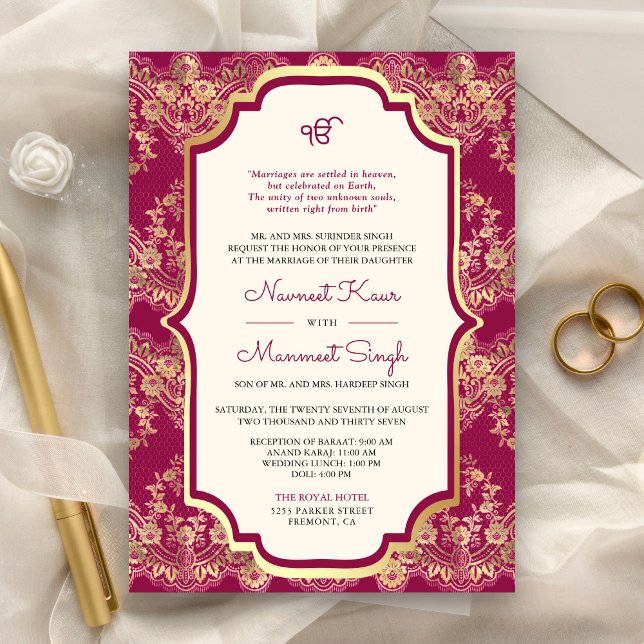 Fuchsia Gold Lace QR Code Anand Karaj Sikh Wedding Invitation (Creator Uploaded)