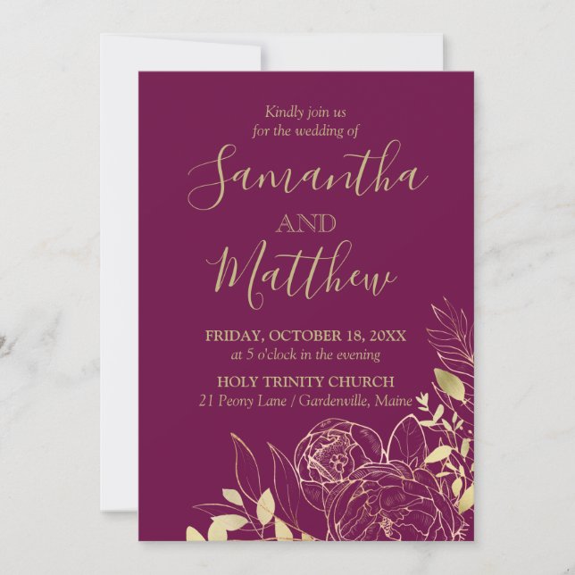 Fuchsia & Gold Peony Modern Floral Wedding Invitation (Front)
