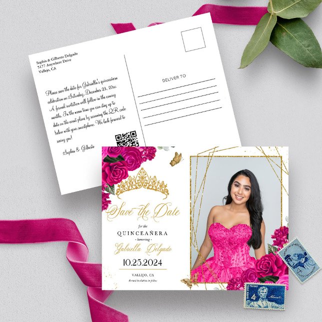 Fuchsia & Gold Tiara Quinceañera Photo Postcard (Creator Uploaded)