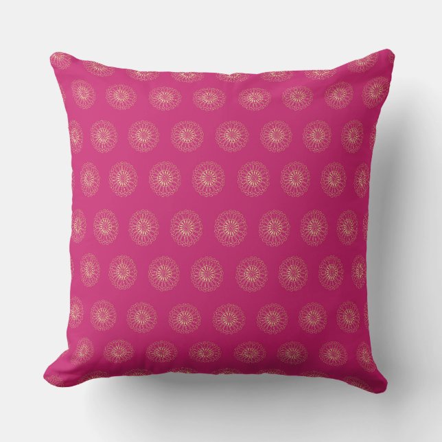 Fuchsia | Golden Zinnia Flower Medallions Cushion (Front)