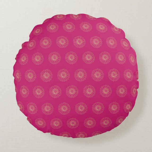 Fuchsia | Golden Zinnia Flower Medallions Round Cushion (Front)