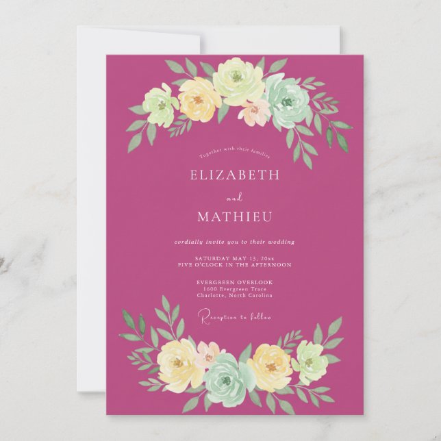 Fuchsia Graceful Botanical Summer Wedding Invitation (Front)