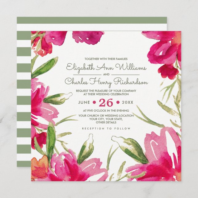 Fuchsia Green Floral Watercolor Wedding Invitation (Front/Back)
