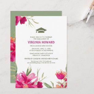 Fuchsia Green Watercolor Floral Graduation Party Invitation
