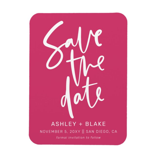 Fuchsia Handwritten Modern Save the Date Magnet (Vertical)