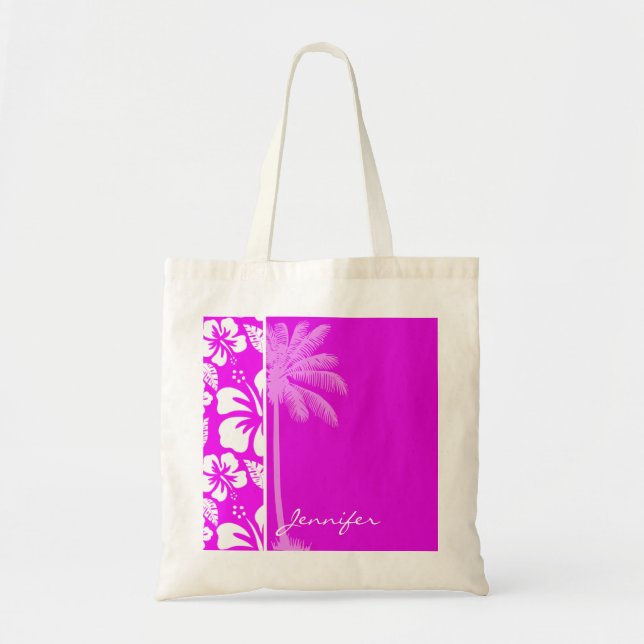 Fuchsia Hawaiian Tropical Hibiscus; Palm Tote Bag (Front)