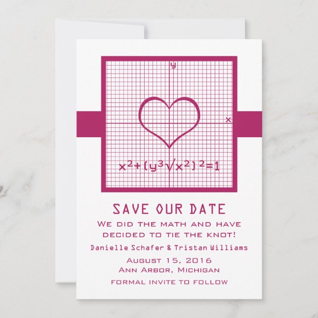 Fuchsia Heart Math Graph Save the Date Invite (Front)