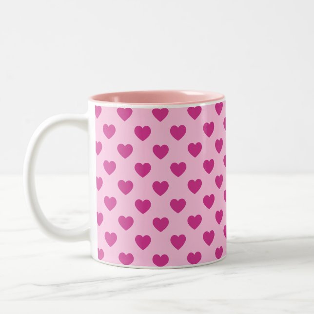Fuchsia Heart Pattern Preppy y2k Aesthetic Pink Two-Tone Coffee Mug (Left)