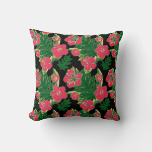 Fuchsia Hibiscus with Banana Leaf Motif Cushion
